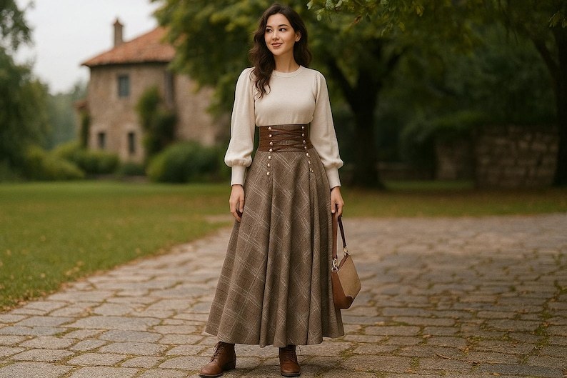 Autumn Winter Maxi Plaid Skirt, Elegant High Waist Lace Up A-Line Skirt, Cotton Skirt with Pocket, Cotton Dark Academia Long Skirt for Women