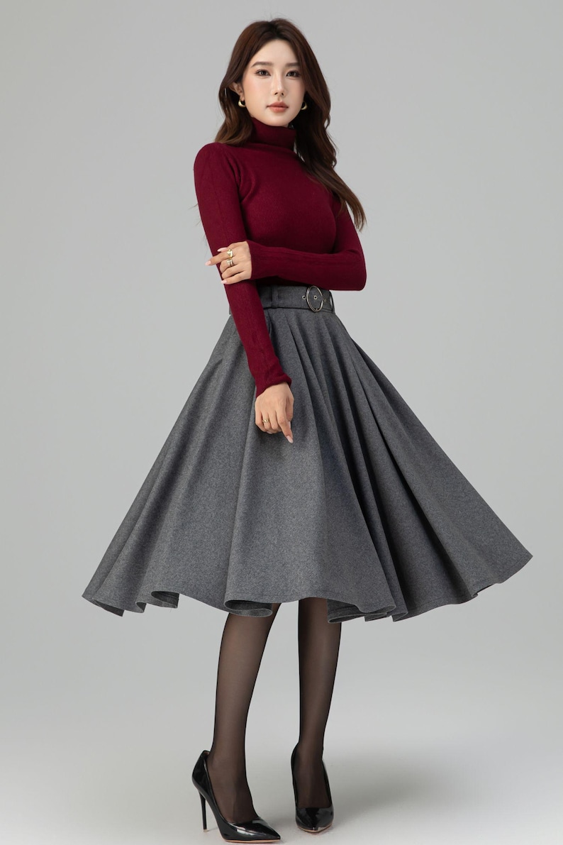 Gray Wool Midi Skirt: High Waisted Pleated Circle - Winter, Vintage inspired 6398
