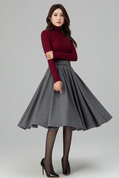 Gray Wool Midi Skirt: High Waisted Pleated Circle - Winter, Vintage inspired 6398