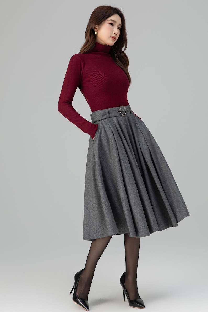 Gray Wool Midi Skirt: High Waisted Pleated Circle - Winter, Vintage inspired 6398