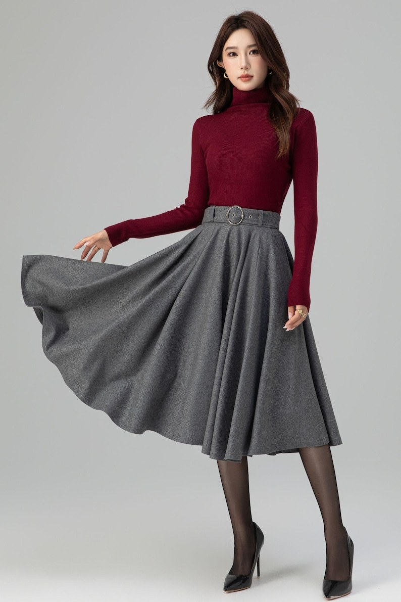 Gray Wool Midi Skirt: High Waisted Pleated Circle - Winter, Vintage inspired 6398