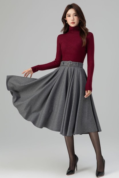 Gray Wool Midi Skirt: High Waisted Pleated Circle - Winter, Vintage inspired 6398