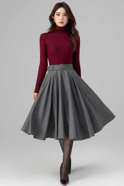 Gray Wool Midi Skirt: High Waisted Pleated Circle - Winter, Vintage inspired 6398