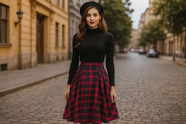 Women’s Tartan Plaid Skirt, Autumn Winter Maxi High Waist Skirt, Elegant Vintage Long Midi A-Line Skirt, Red Green Blue Yellow Tartan Skirt