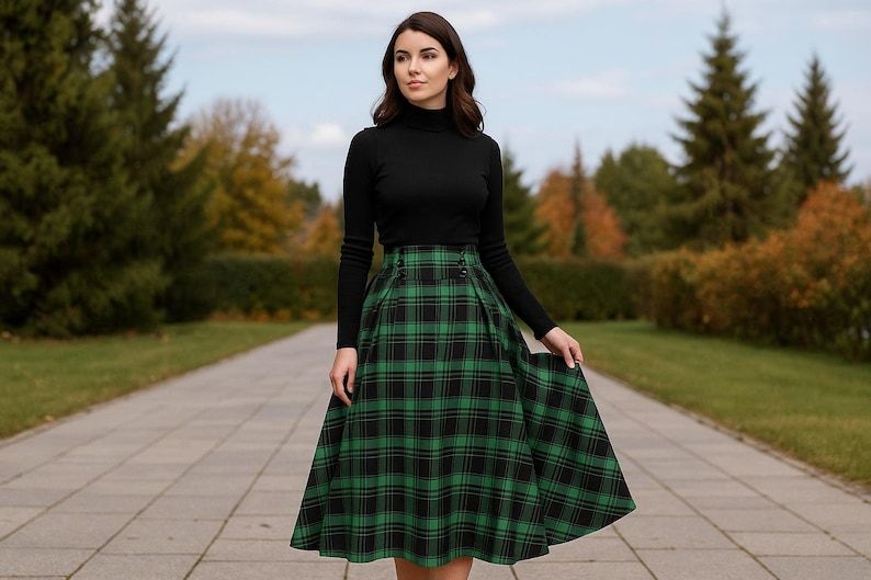 Women’s Tartan Plaid Skirt, Autumn Winter Maxi High Waist Skirt, Elegant Vintage Long Midi A-Line Skirt, Red Green Blue Yellow Tartan Skirt