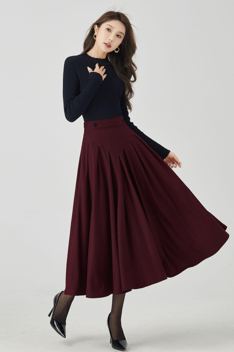 Burgundy Wool Pleated Midi Skirt: A-Line Winter Skirt, Custom 6327