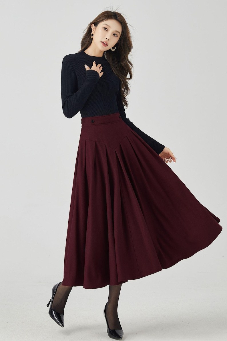 Burgundy Wool Pleated Midi Skirt: A-Line Winter Skirt, Custom 6327