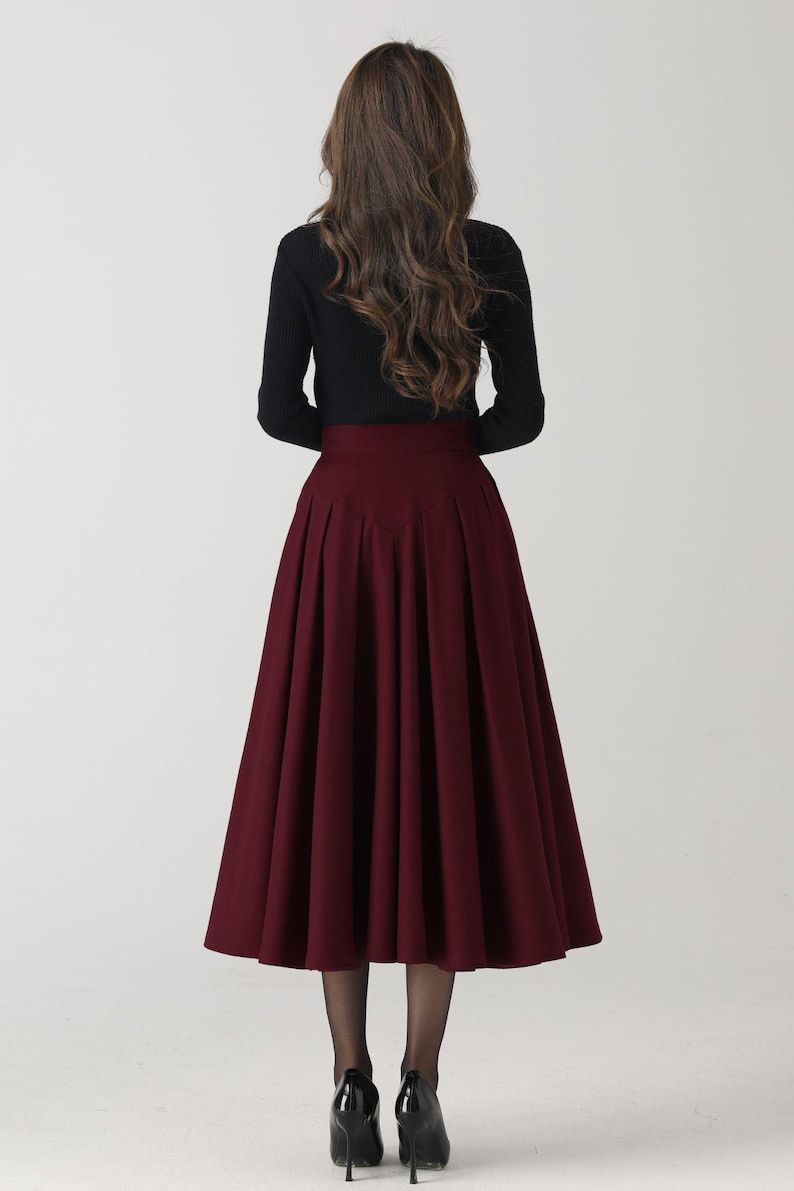 Burgundy Wool Pleated Midi Skirt: A-Line Winter Skirt, Custom 6327
