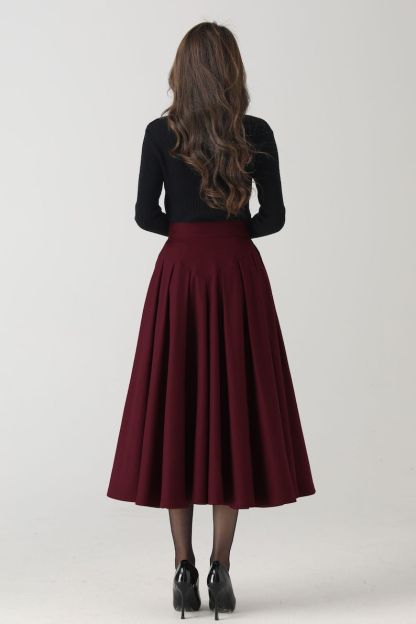Burgundy Wool Pleated Midi Skirt: A-Line Winter Skirt, Custom 6327