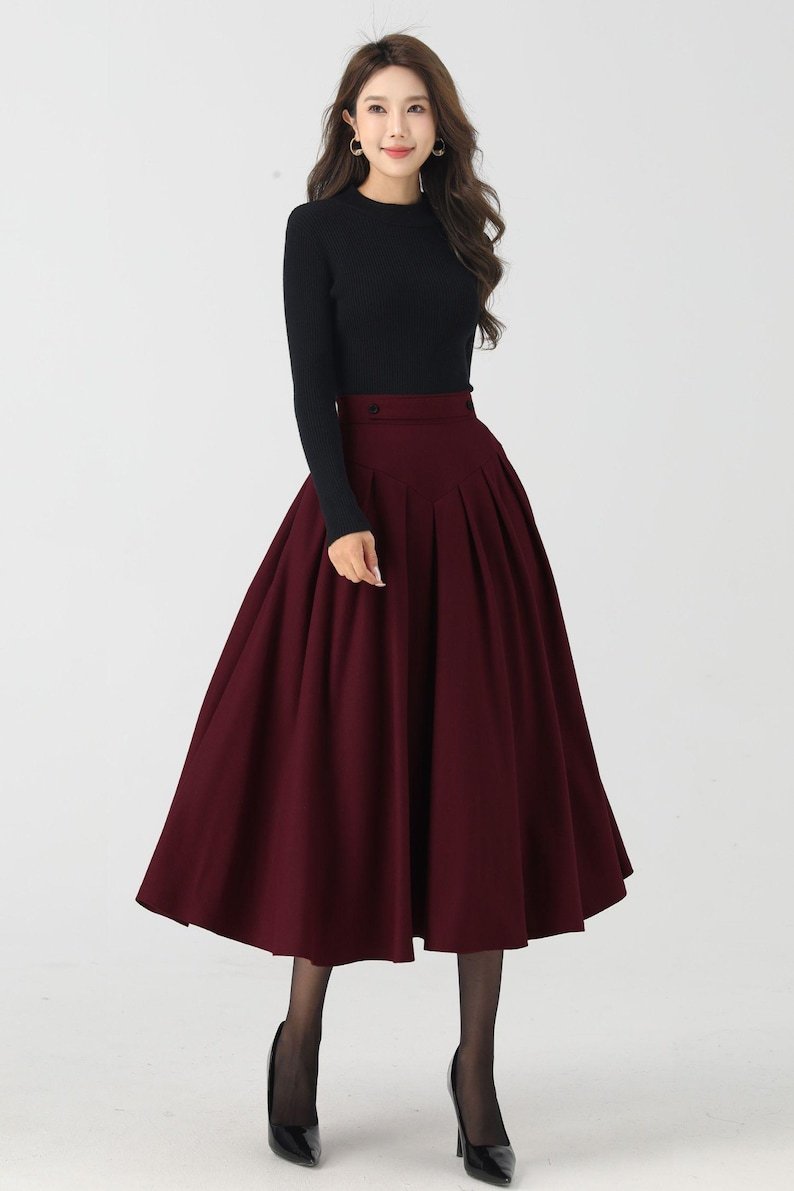 Burgundy Wool Pleated Midi Skirt: A-Line Winter Skirt, Custom, Xiaoliz