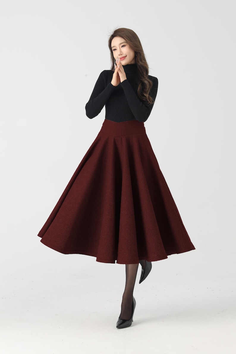 Wool Skirt, Burgundy Wool Skirt, Women Midi swing Skirt, High waisted wool skirt，Winter Circle Wool Skirt, Custom skirt 4534#
