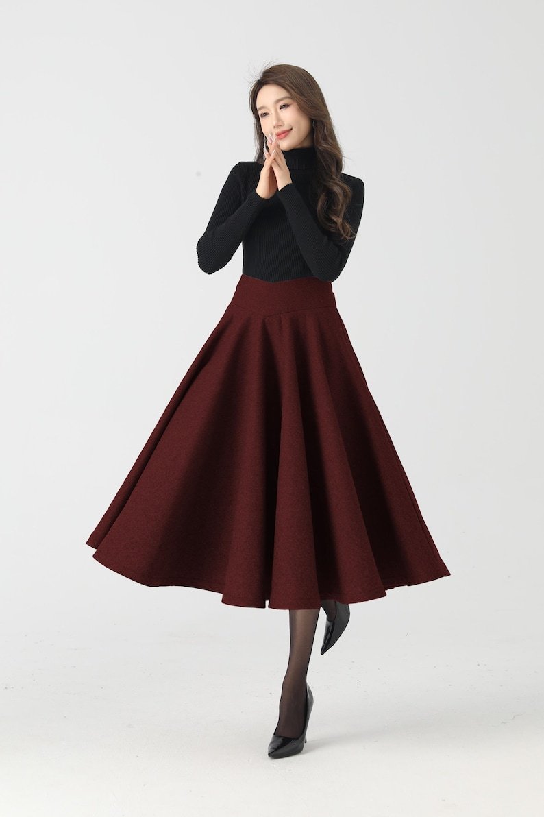 Wool Skirt, Burgundy Wool Skirt, Women Midi swing Skirt, High waisted wool skirt，Winter Circle Wool Skirt, Custom skirt 4534#