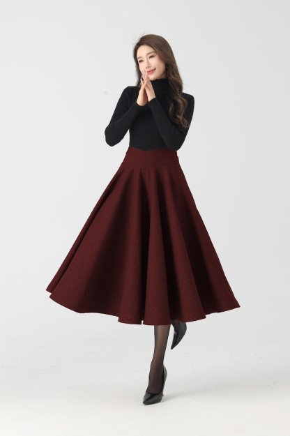 Wool Skirt, Burgundy Wool Skirt, Women Midi swing Skirt, High waisted wool skirt，Winter Circle Wool Skirt, Custom skirt 4534#