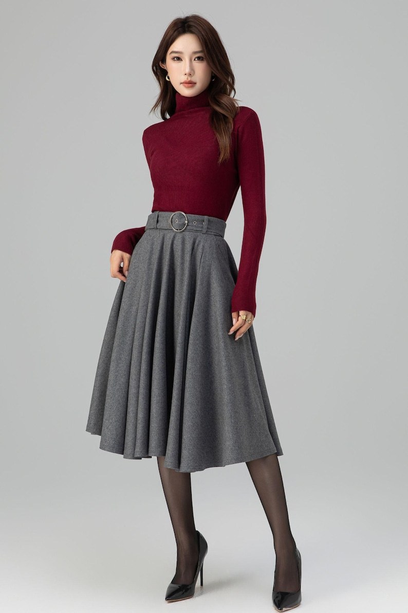 Gray Wool Midi Skirt: High Waisted Pleated Circle - Winter, Vintage inspired 6398