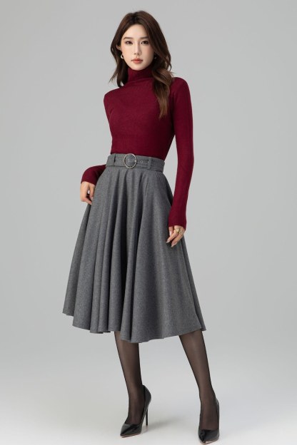 Gray Wool Midi Skirt: High Waisted Pleated Circle - Winter, Vintage inspired 6398