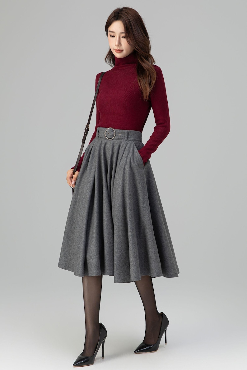 Gray Wool Midi Skirt: High Waisted Pleated Circle - Winter, Vintage inspired 6398