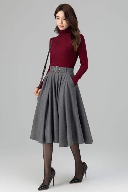 Gray Wool Midi Skirt: High Waisted Pleated Circle - Winter, Vintage inspired 6398