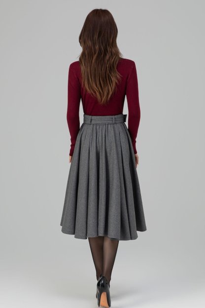 Gray Wool Midi Skirt: High Waisted Pleated Circle - Winter, Vintage inspired 6398