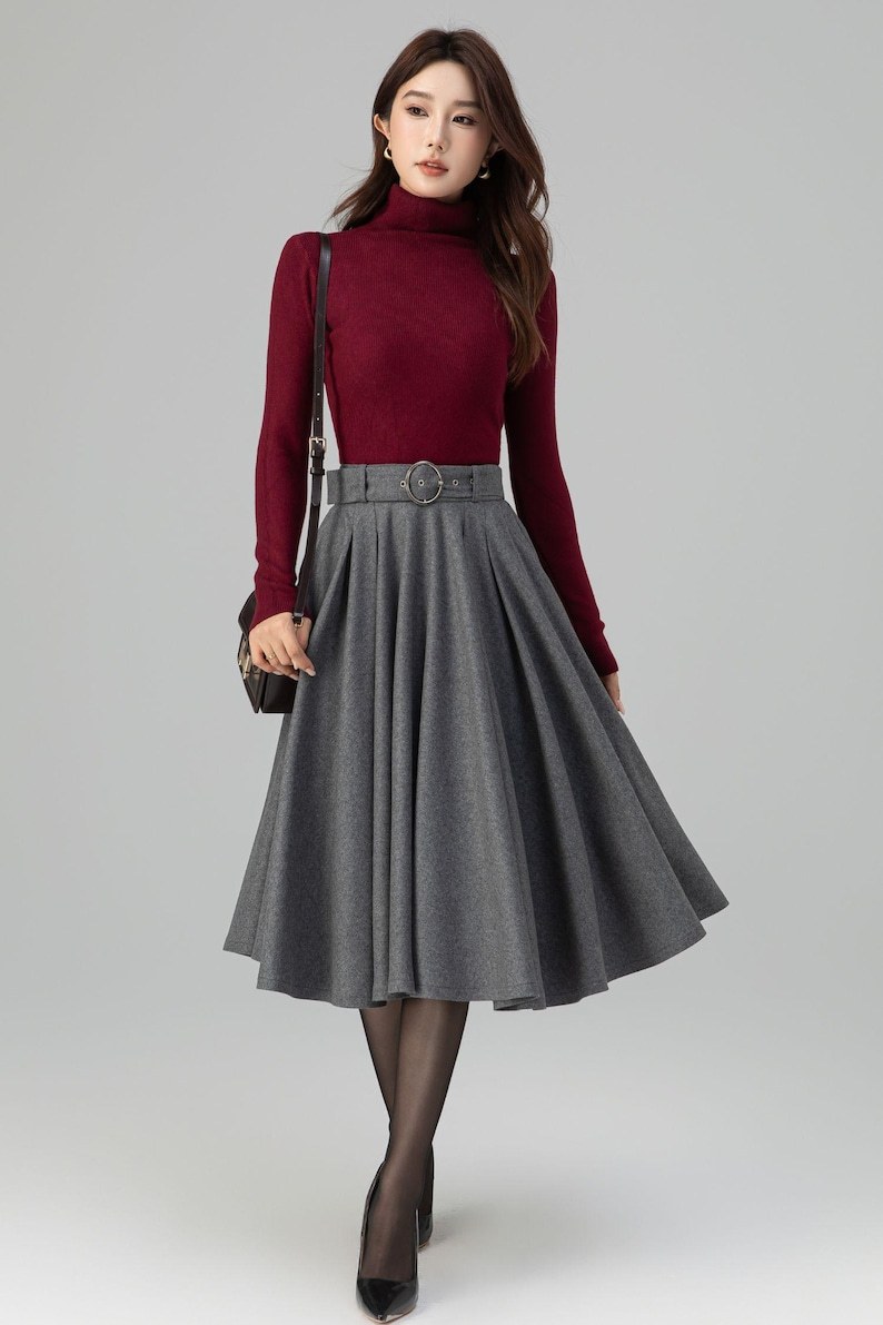 Gray Wool Midi Skirt: High Waisted Pleated Circle - Winter, Vintage inspired 6398
