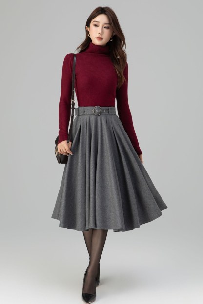 Gray Wool Midi Skirt: High Waisted Pleated Circle - Winter, Vintage inspired 6398