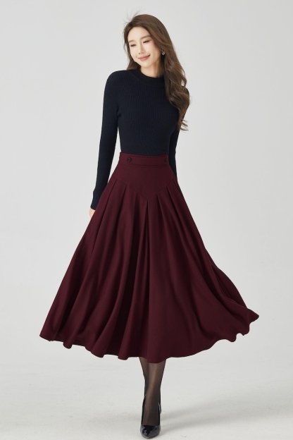 Burgundy Wool Pleated Midi Skirt: A-Line Winter Skirt, Custom 6327