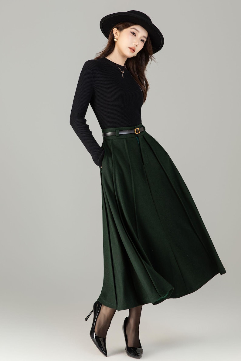 Dark Green Wool Midi Skirt: High Waisted Pleated Skirt, Fall Winter, Officewear 6497