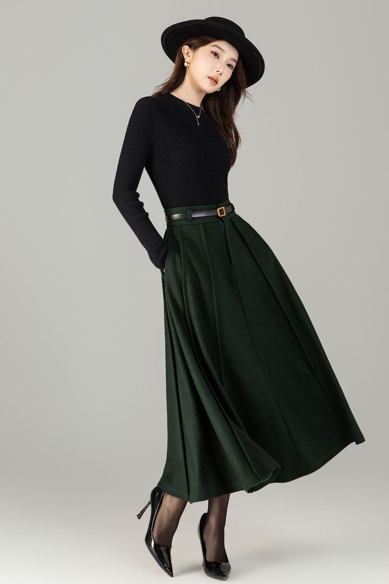 Dark Green Wool Midi Skirt: High Waisted Pleated Skirt, Fall Winter, Officewear 6497
