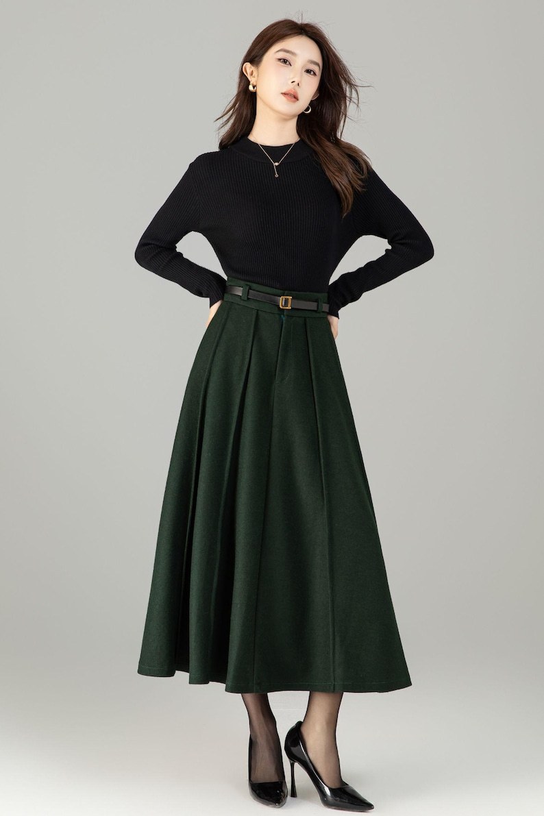 Dark Green Wool Midi Skirt: High Waisted Pleated Skirt, Fall Winter, Officewear 6497