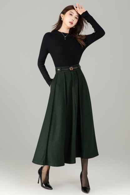 Dark Green Wool Midi Skirt: High Waisted Pleated Skirt, Fall Winter, Officewear 6497