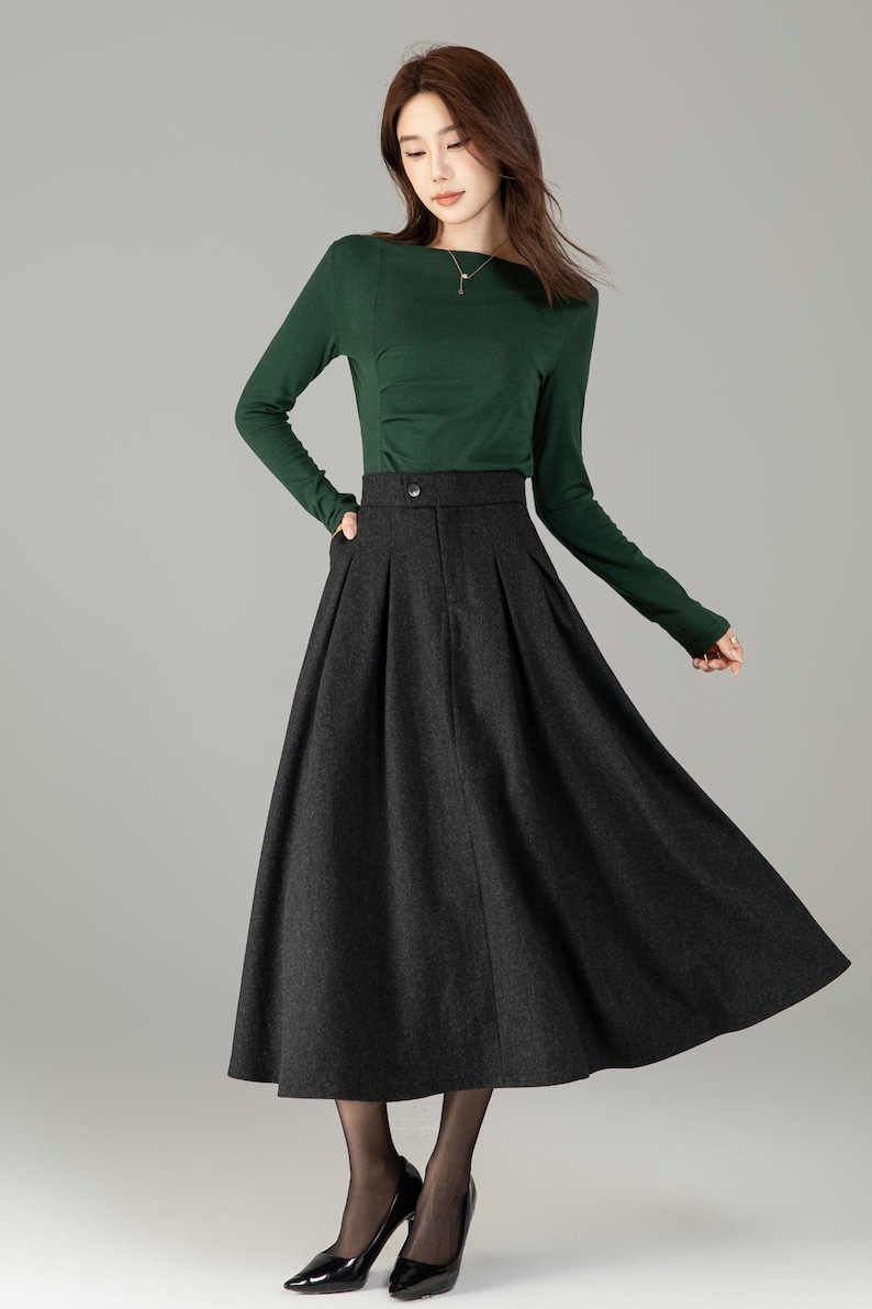 High Waisted Wool Midi Skirt with Pockets - A Line Winter Skirt, Custom 6503