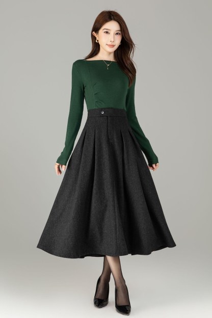High Waisted Wool Midi Skirt with Pockets - A Line Winter Skirt, Custom 6503