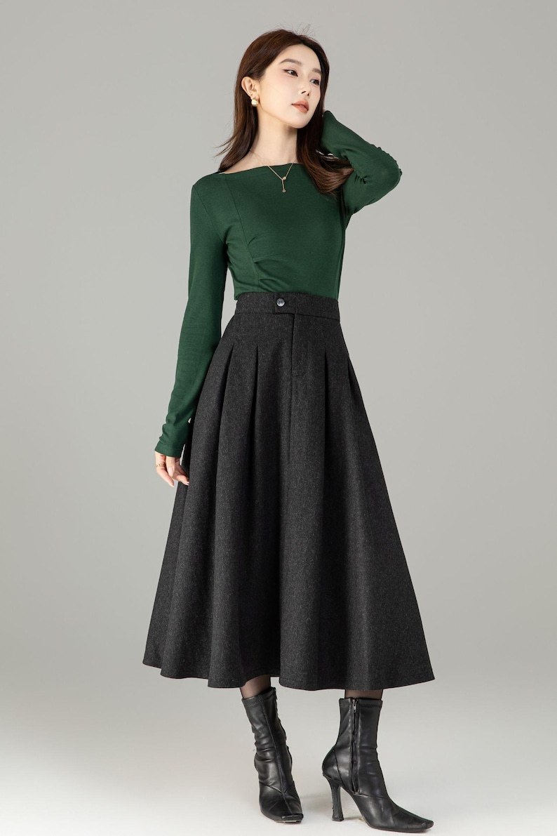 High Waisted Wool Midi Skirt with Pockets - A Line Winter Skirt, Custom 6503