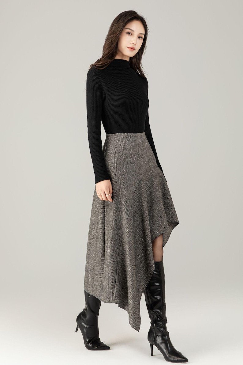 Herringbone Wool Blend Midi Skirt – Irregular A-Line Winter Skirt for Women, Ylistyle C5250