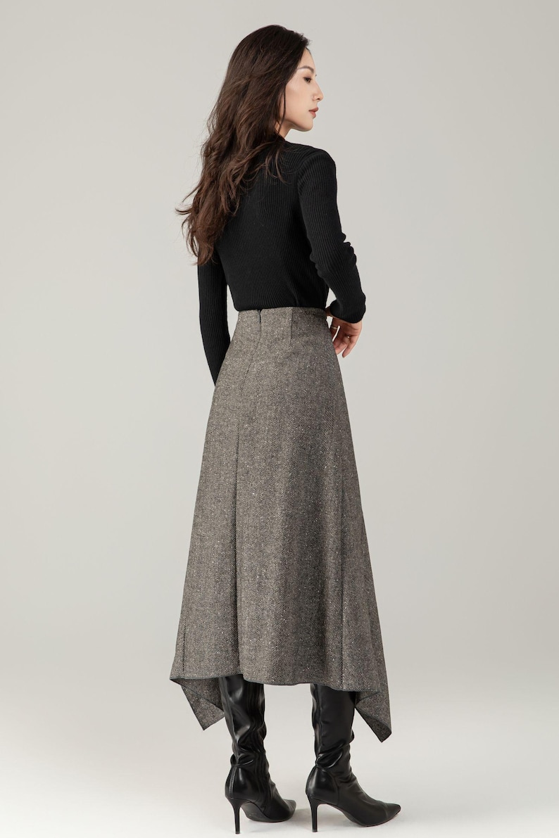 Herringbone Wool Blend Midi Skirt – Irregular A-Line Winter Skirt for Women, Ylistyle C5250