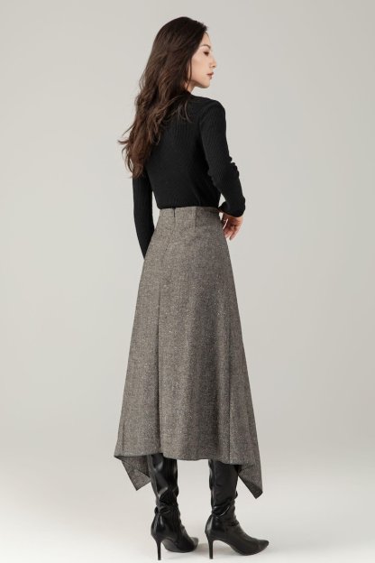 Herringbone Wool Blend Midi Skirt – Irregular A-Line Winter Skirt for Women, Ylistyle C5250
