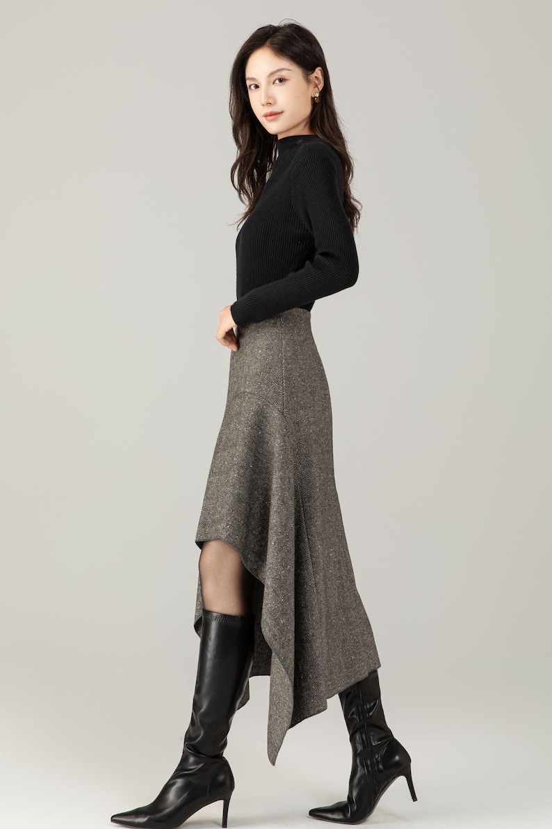 Herringbone Wool Blend Midi Skirt – Irregular A-Line Winter Skirt for Women, Ylistyle C5250