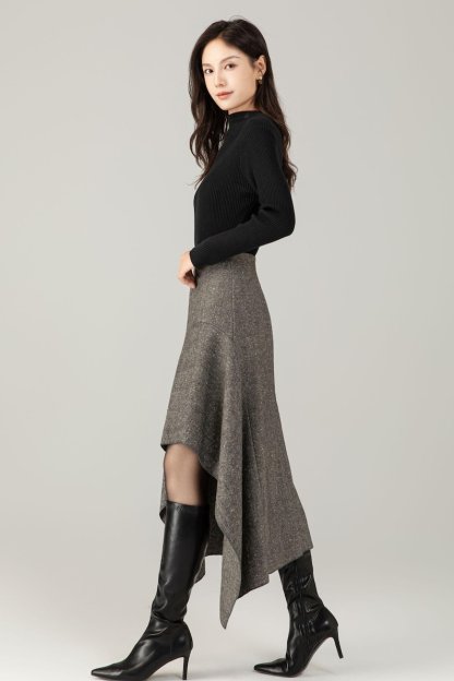 Herringbone Wool Blend Midi Skirt – Irregular A-Line Winter Skirt for Women, Ylistyle C5250