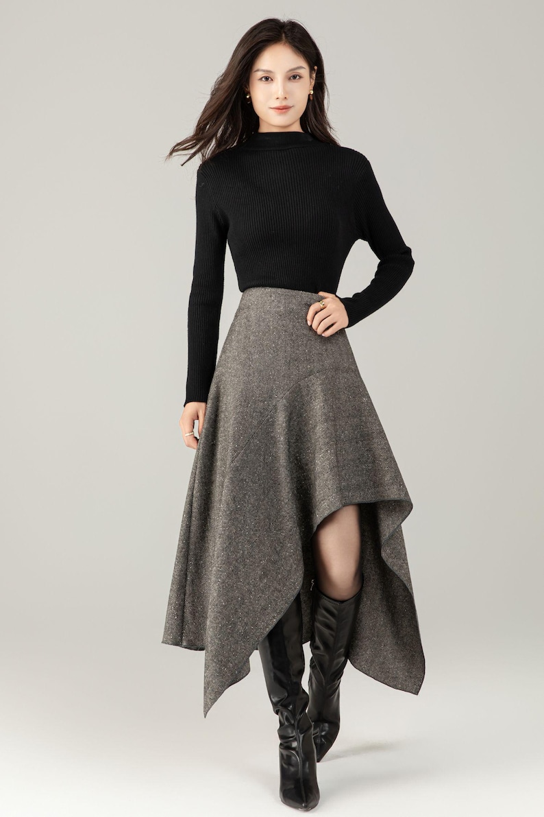 Herringbone Wool Blend Midi Skirt – Irregular A-Line Winter Skirt for Women, Ylistyle C5250