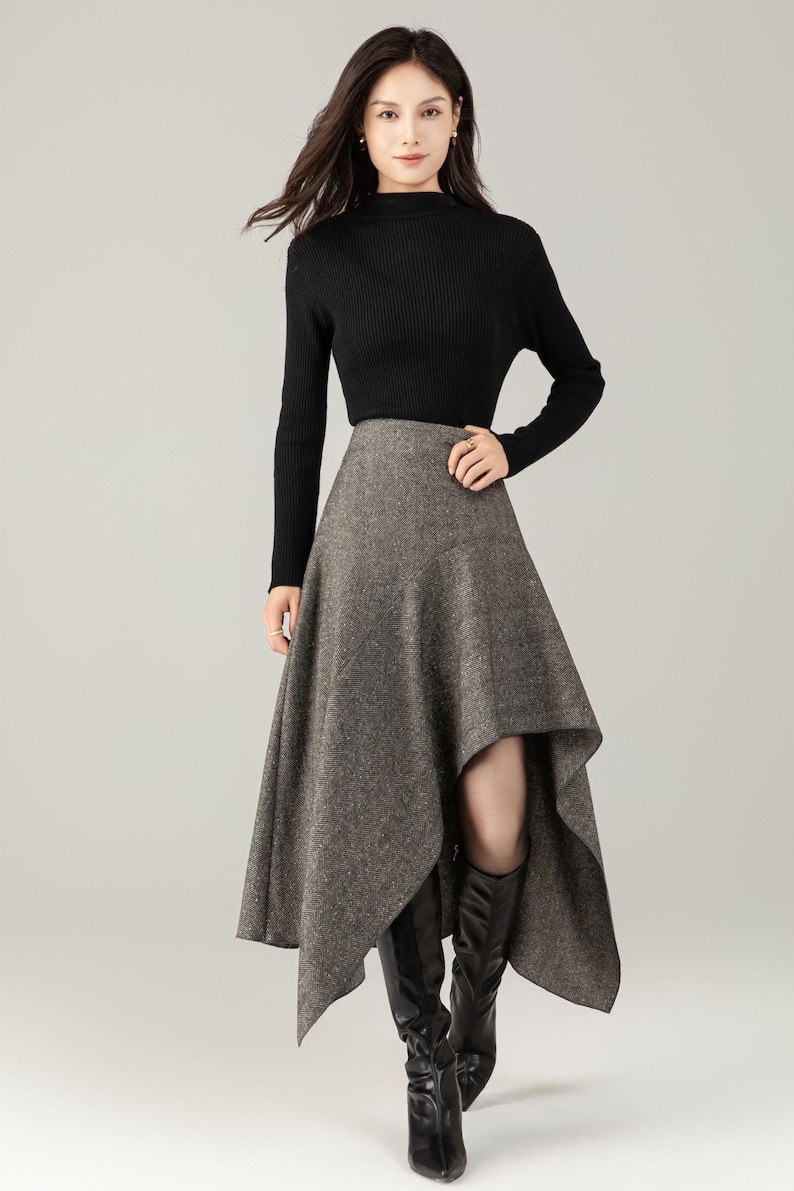 Herringbone Wool Blend Midi Skirt – Irregular A-Line Winter Skirt for Women, Ylistyle C5250