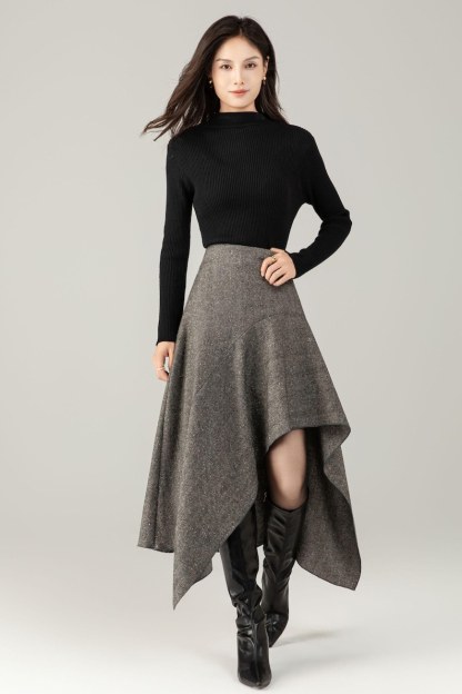 Herringbone Wool Blend Midi Skirt – Irregular A-Line Winter Skirt for Women, Ylistyle C5250