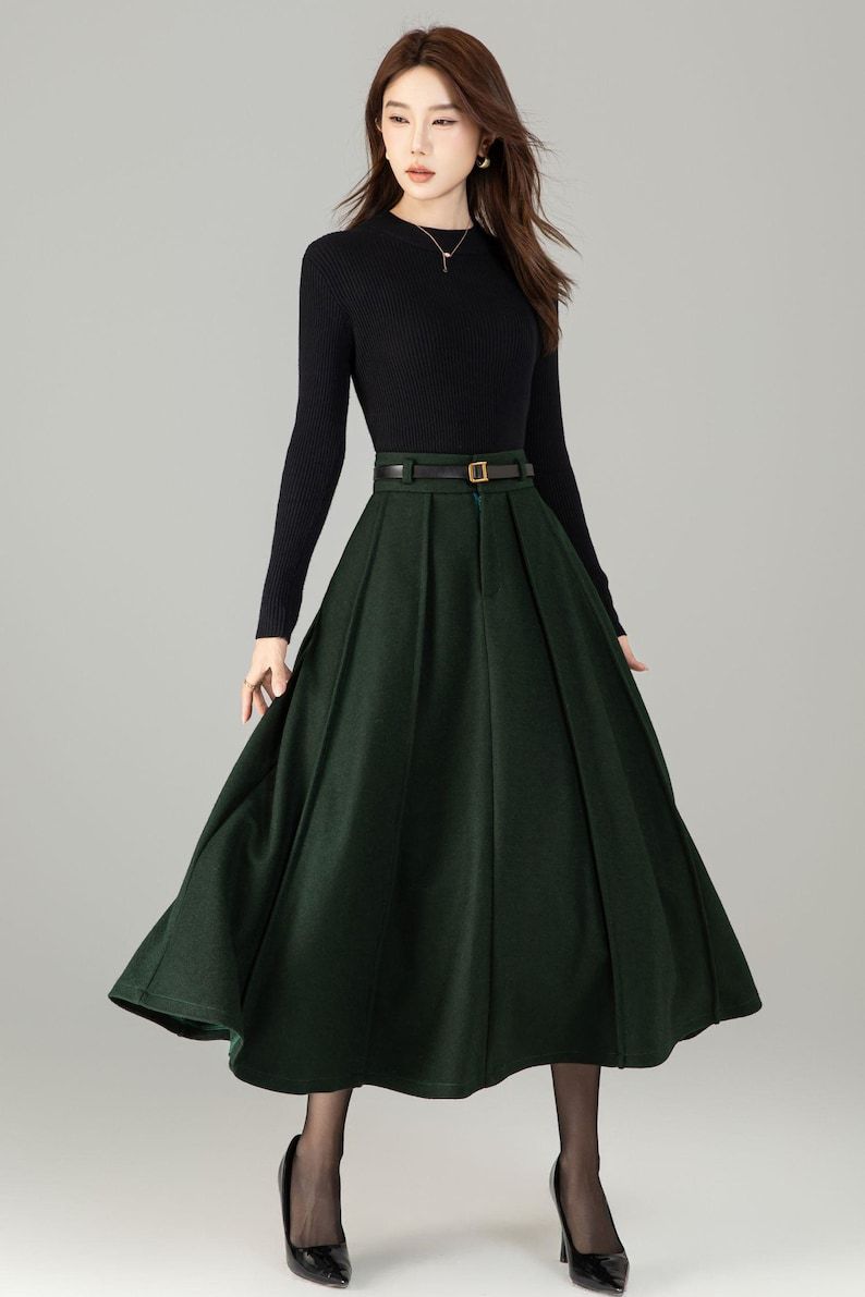 Dark Green Wool Midi Skirt: High Waisted Pleated Skirt, Fall Winter, Officewear 6497