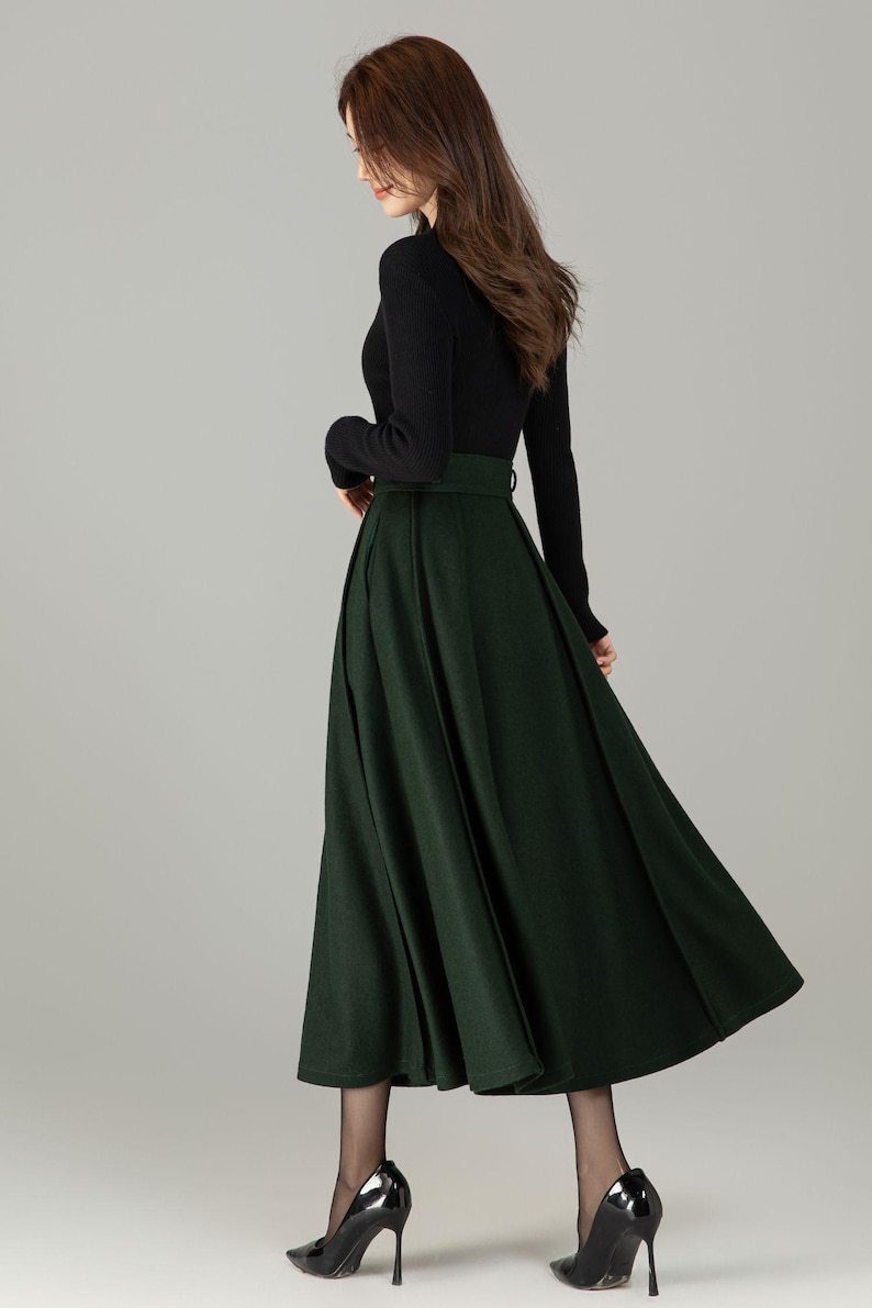Dark Green Wool Midi Skirt: High Waisted Pleated Skirt, Fall Winter, Officewear 6497