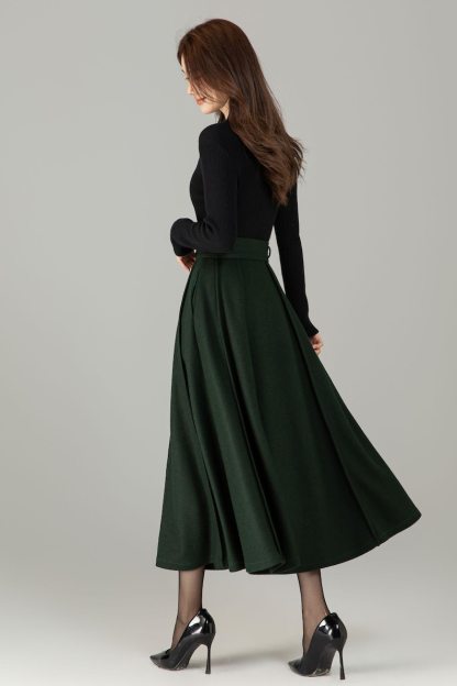 Dark Green Wool Midi Skirt: High Waisted Pleated Skirt, Fall Winter, Officewear 6497