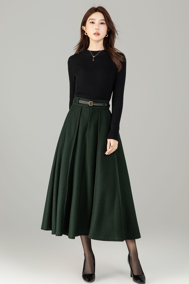 Dark Green Wool Midi Skirt: High Waisted Pleated Skirt, Fall Winter, Officewear 6497