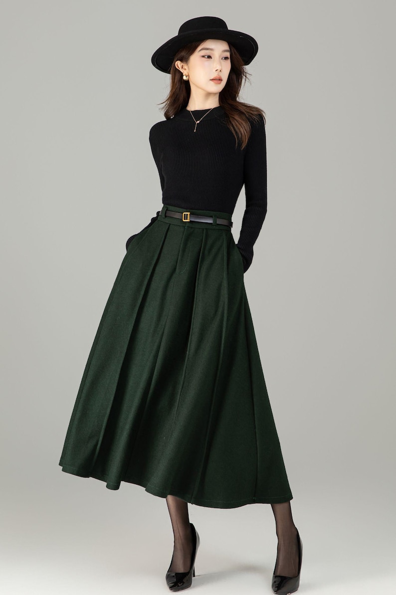 Dark Green Wool Midi Skirt: High Waisted Pleated Skirt, Fall Winter, Officewear 6497