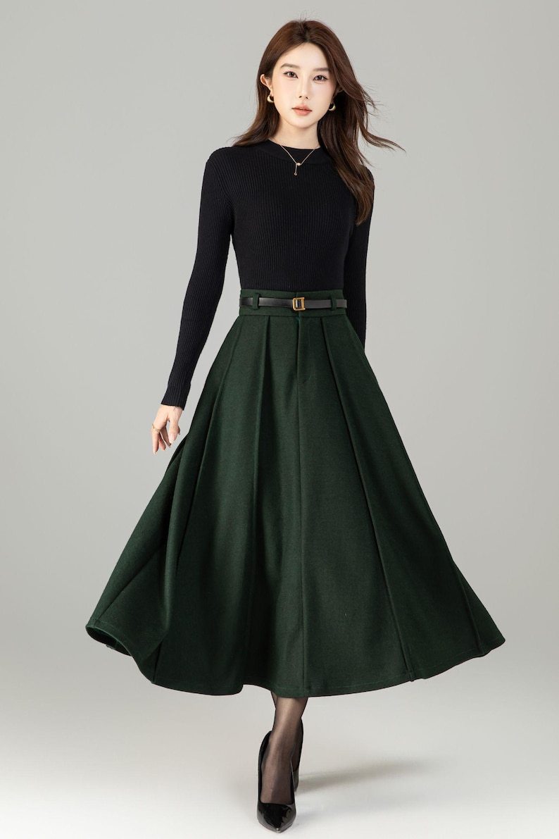 Dark Green Wool Midi Skirt: High Waisted Pleated Skirt, Fall Winter, O