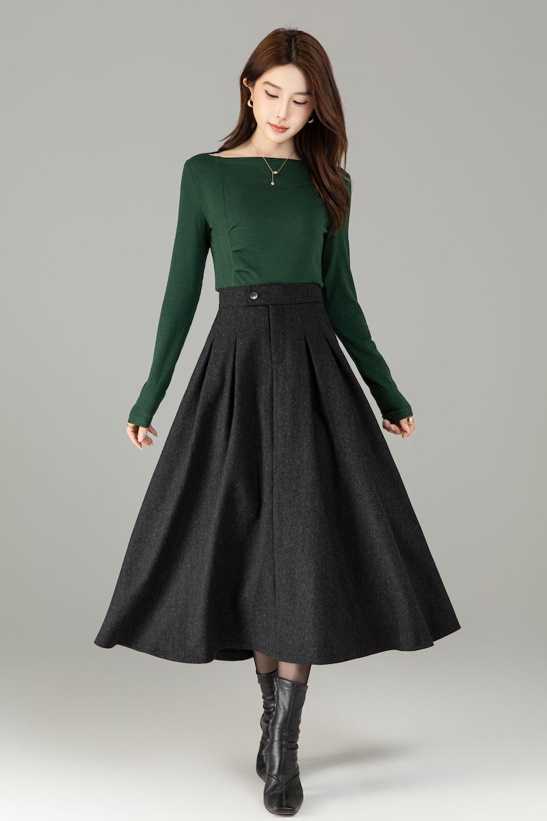 High Waisted Wool Midi Skirt with Pockets - A Line Winter Skirt, Custom 6503