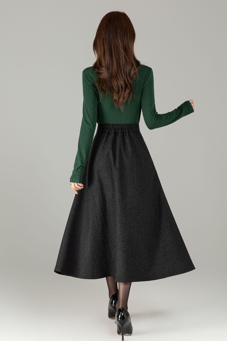 High Waisted Wool Midi Skirt with Pockets - A Line Winter Skirt, Custom 6503