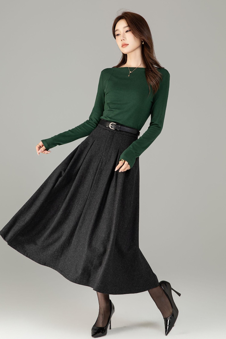 High Waisted Wool Midi Skirt with Pockets - A Line Winter Skirt, Custom 6503