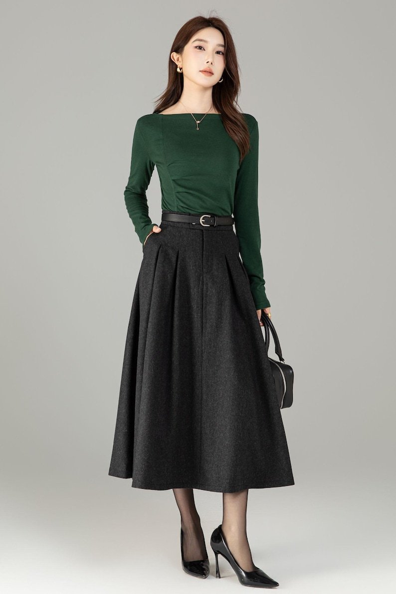 High Waisted Wool Midi Skirt with Pockets - A Line Winter Skirt, Custom 6503